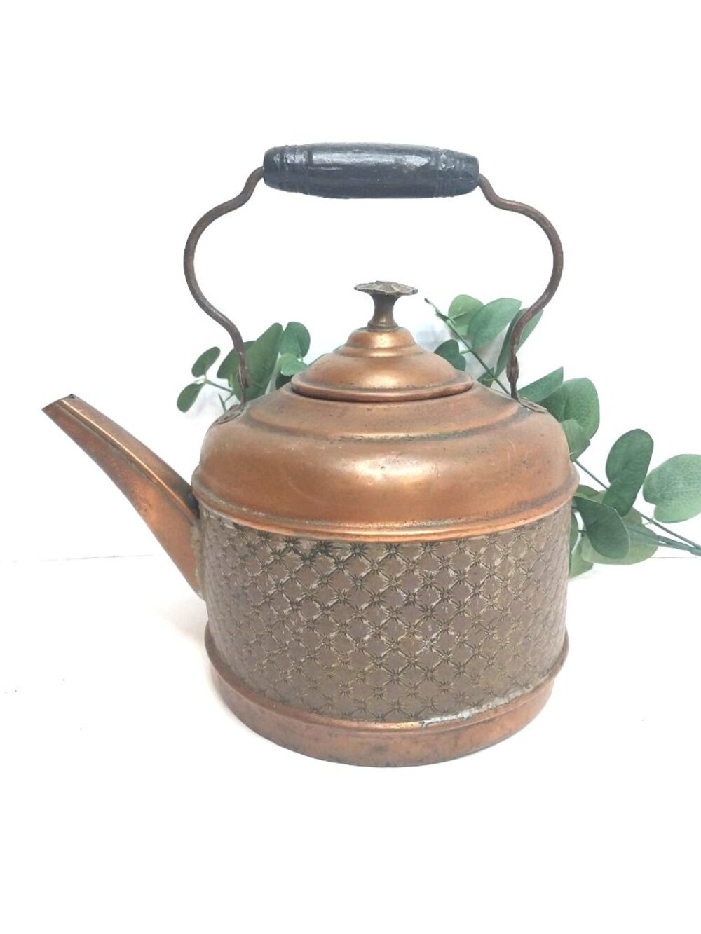 Antique Copper & Brass Teapot Black Wooden Handle